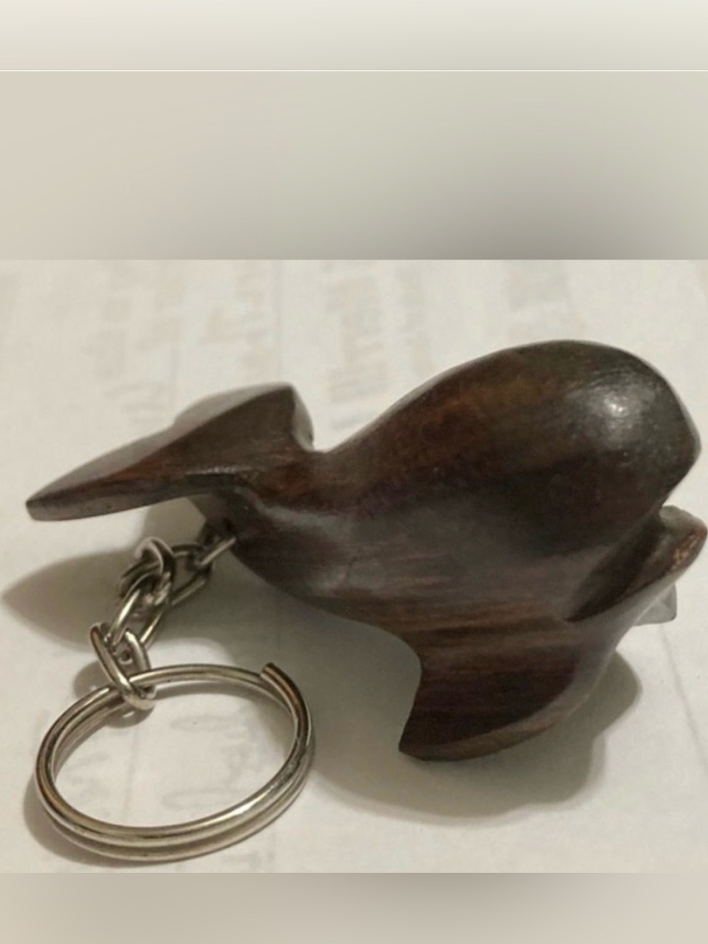 NWOT wood Whale keychain carved polished brown, silver key holder & chain